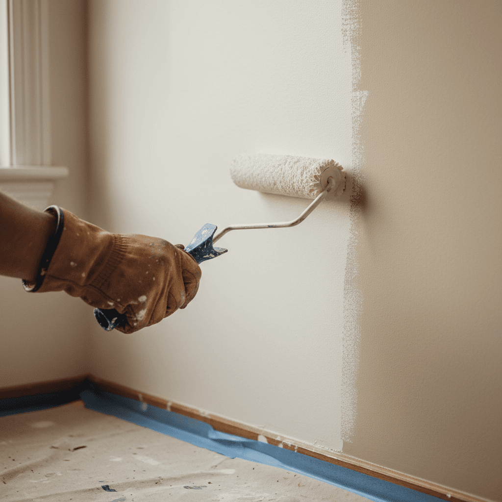 Interior painting application with fresh color on wall