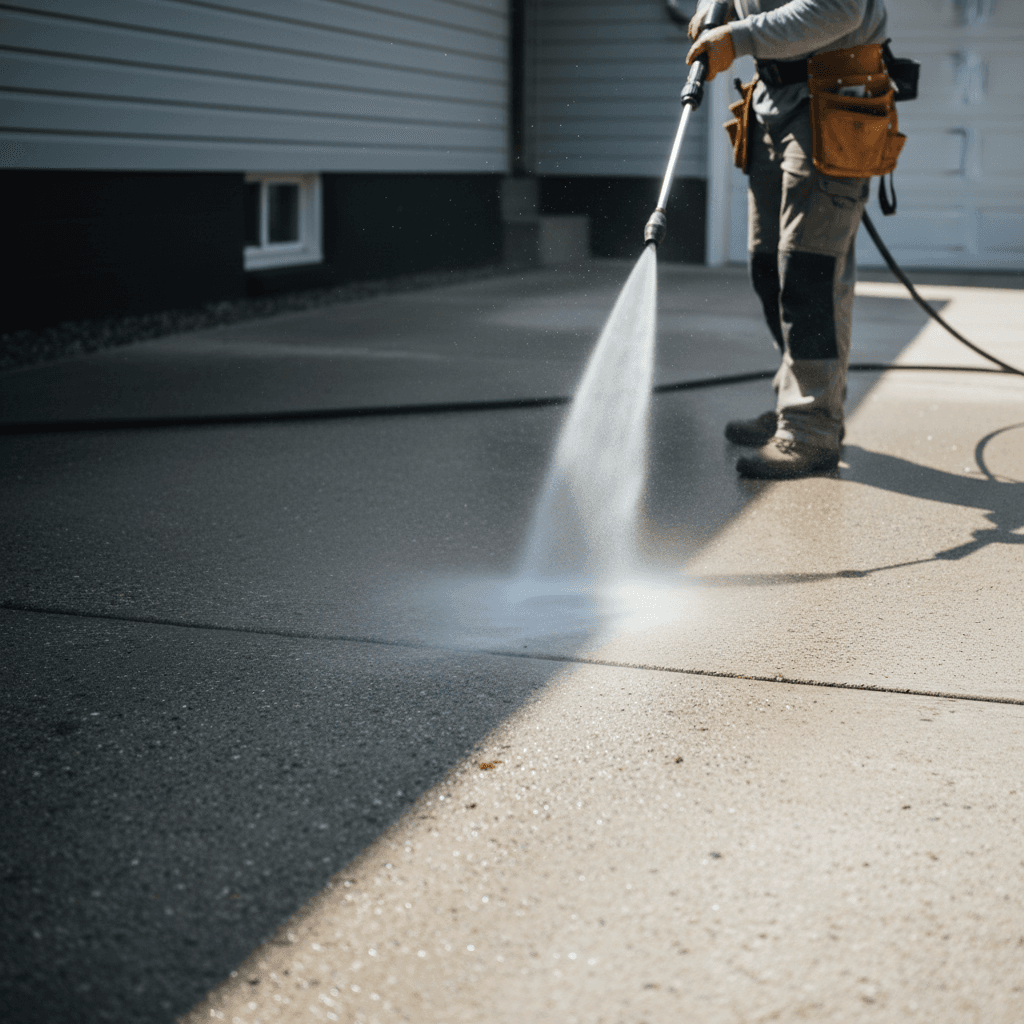 Power washing driveway cleaning with water spray