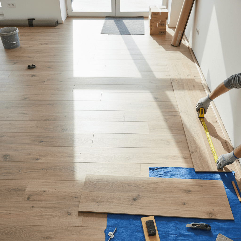 Vinyl flooring installation in progress with professional measurement